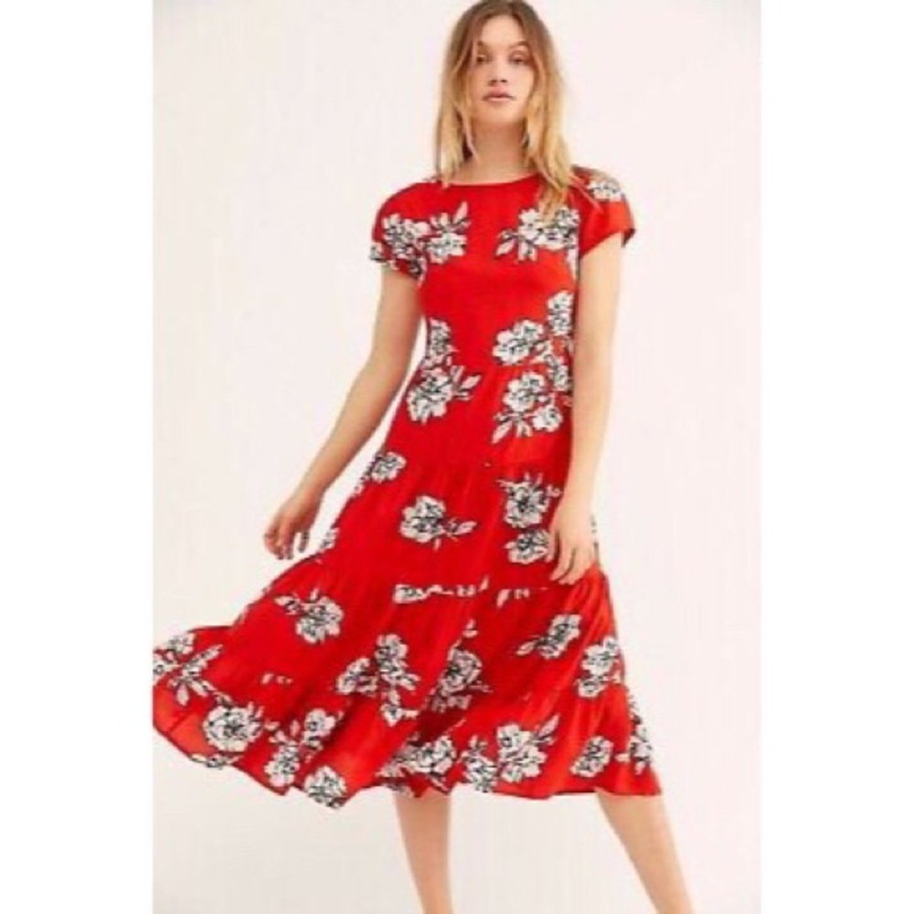 NWT Free People Midi Dress with Open Back Red Floral Size S